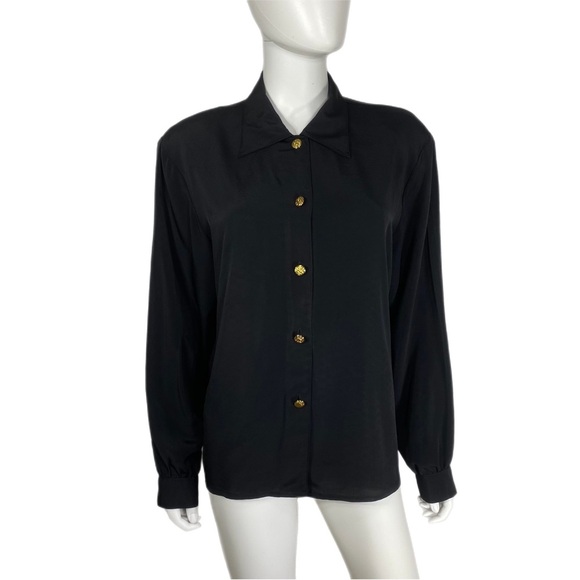 Heritage Road Vintage Classy Black Silky Black Button Down Blouse - Picture 1 of 8